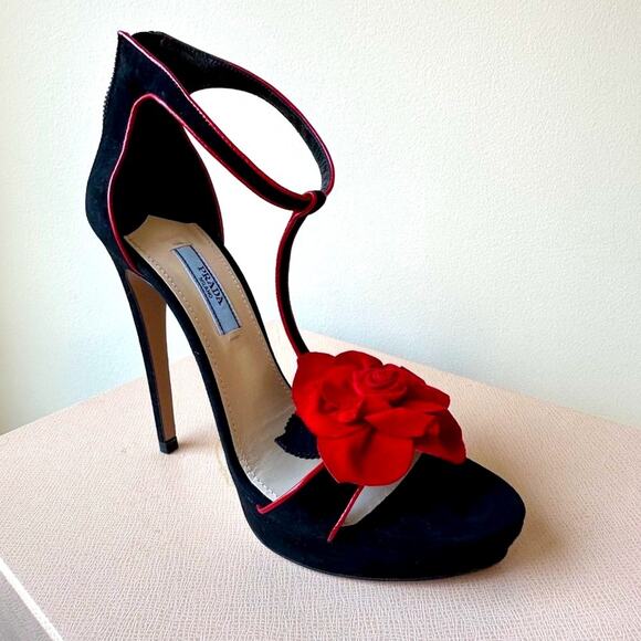 NIB Prada Suede Rose T-Strap Stiletto Heel sz 37 - Picture 1 of 11
